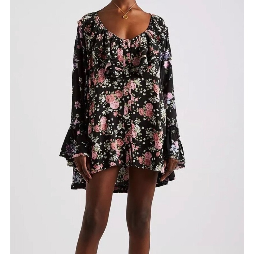 free‎ people Loretta Black Pink Floral Oversized High Low Tunic Top Mini Dress S